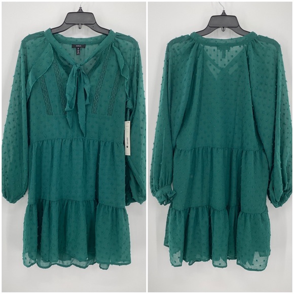 Aqua NWT Ruffle Clip Dot Mini Dress Pussy Bow Bishop Sleeves V Neck Green New - Picture 3 of 10